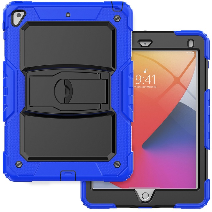 Husa tableta, 8,7", albastru, cu suport si curea reglabila, trei straturi de protectie