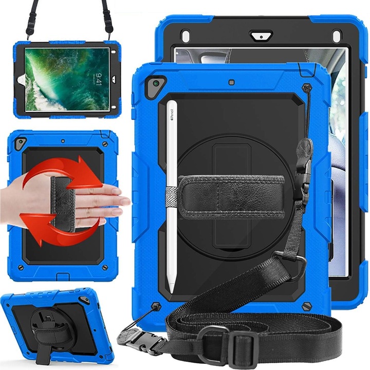 Husa iPad 9.7" 2018/2017 cu suport si curea de umar, Albastru