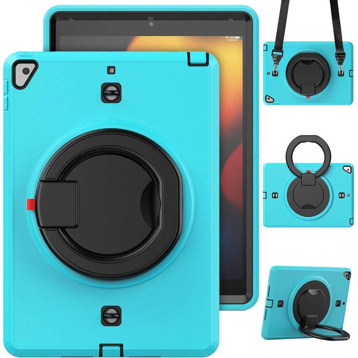 Husa tableta pentru iPad 10.2", turcoaz, cu suport si curea reglabila, constructie tripla