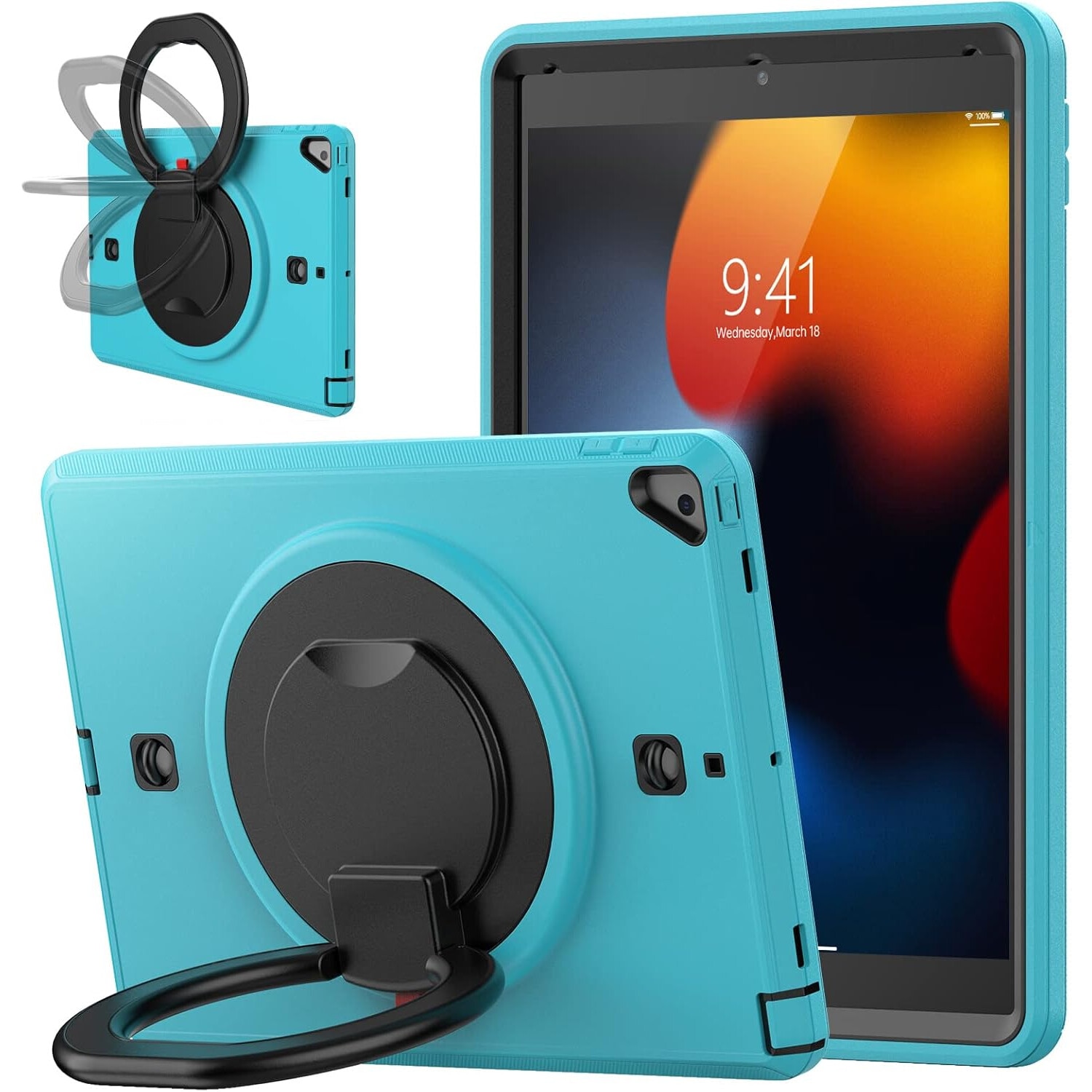 Husa tableta pentru iPad 10.2", turcoaz, cu suport si curea reglabila, constructie tripla