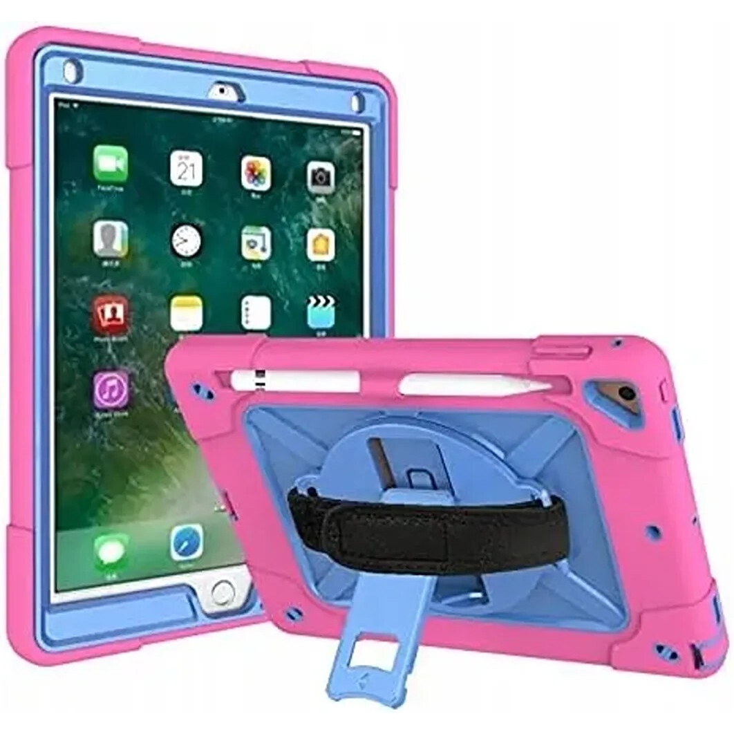 Husa pentru iPad 9.7" cu suport si curea, roz, trei straturi de protectie