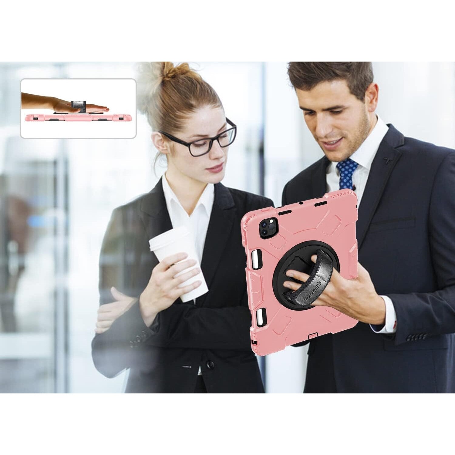 Husa pentru tableta iPad Pro 11, roz, cu suport rotativ si loc pentru stylus, trei straturi de protectie
