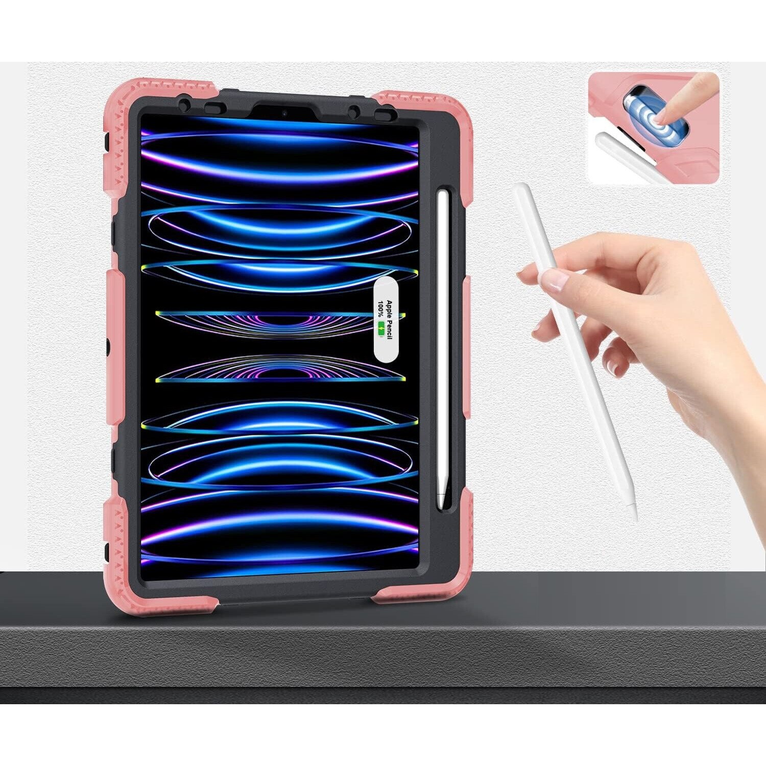 Husa pentru tableta iPad Pro 11, roz, cu suport rotativ si loc pentru stylus, trei straturi de protectie