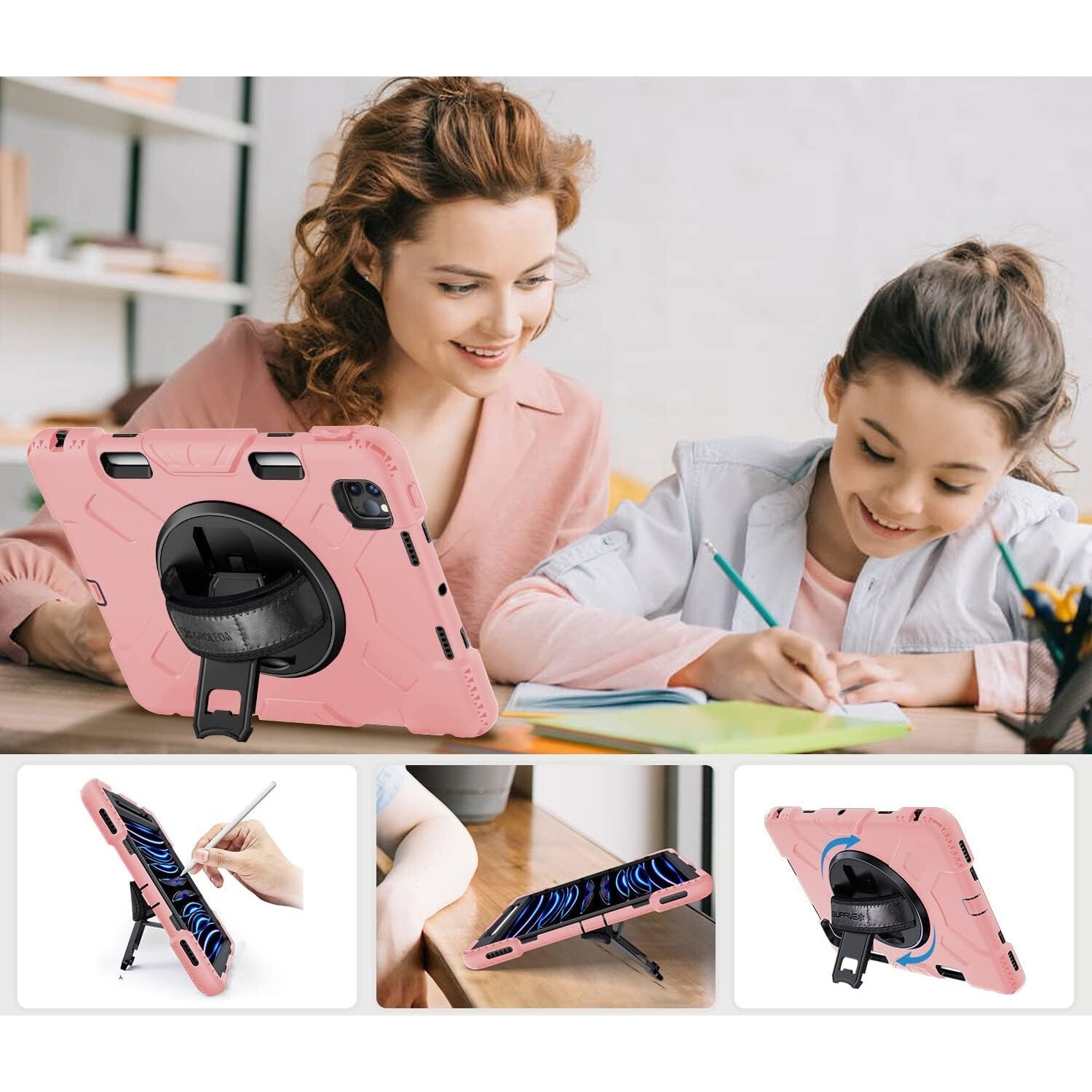 Husa pentru tableta iPad Pro 11, roz, cu suport rotativ si loc pentru stylus, trei straturi de protectie