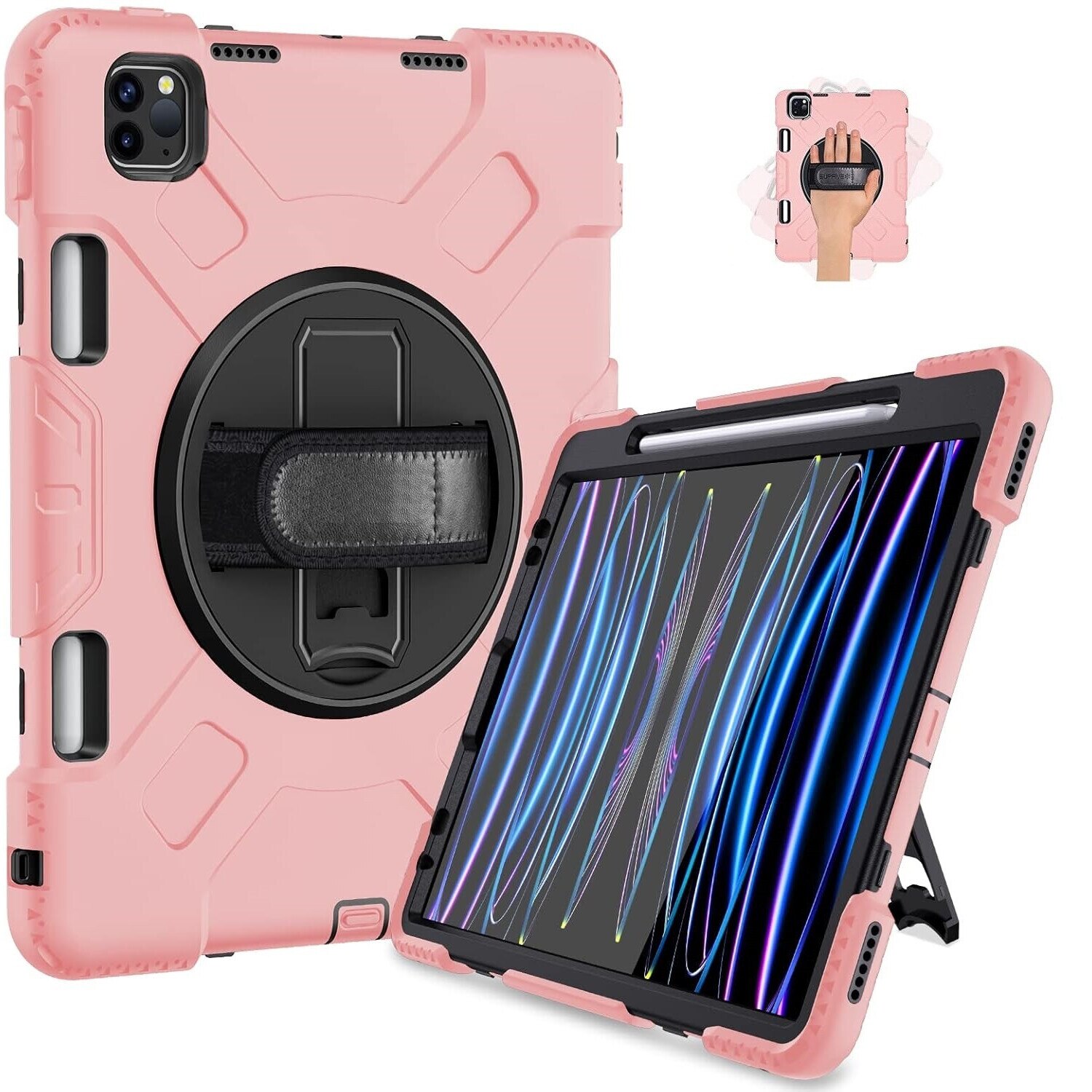 Husa pentru tableta iPad Pro 11, roz, cu suport rotativ si loc pentru stylus, trei straturi de protectie