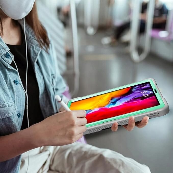 Husa pentru iPad Air 4/5/Pro 11", trei straturi, suport incorporat, curea reglabila, verde menta