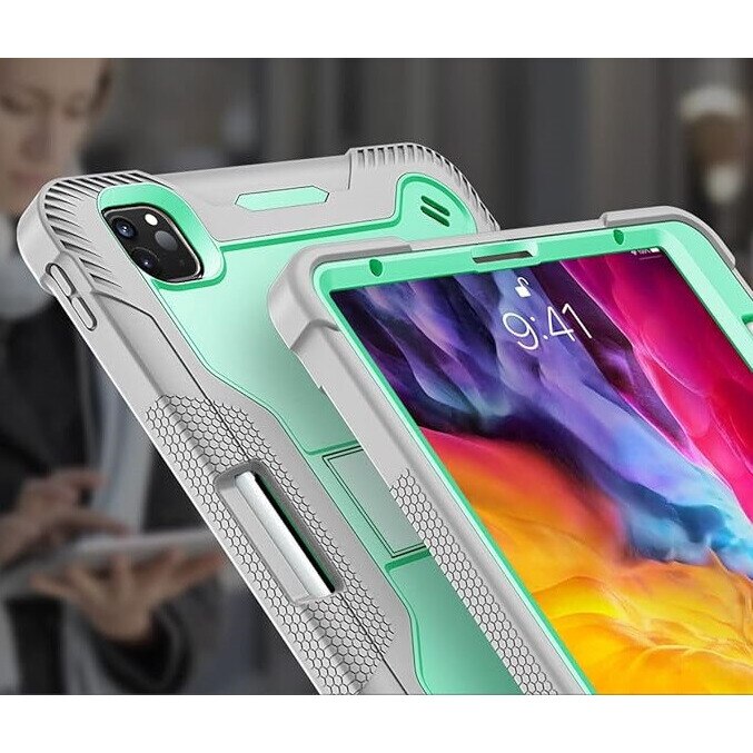 Husa pentru iPad Air 4/5/Pro 11", trei straturi, suport incorporat, curea reglabila, verde menta