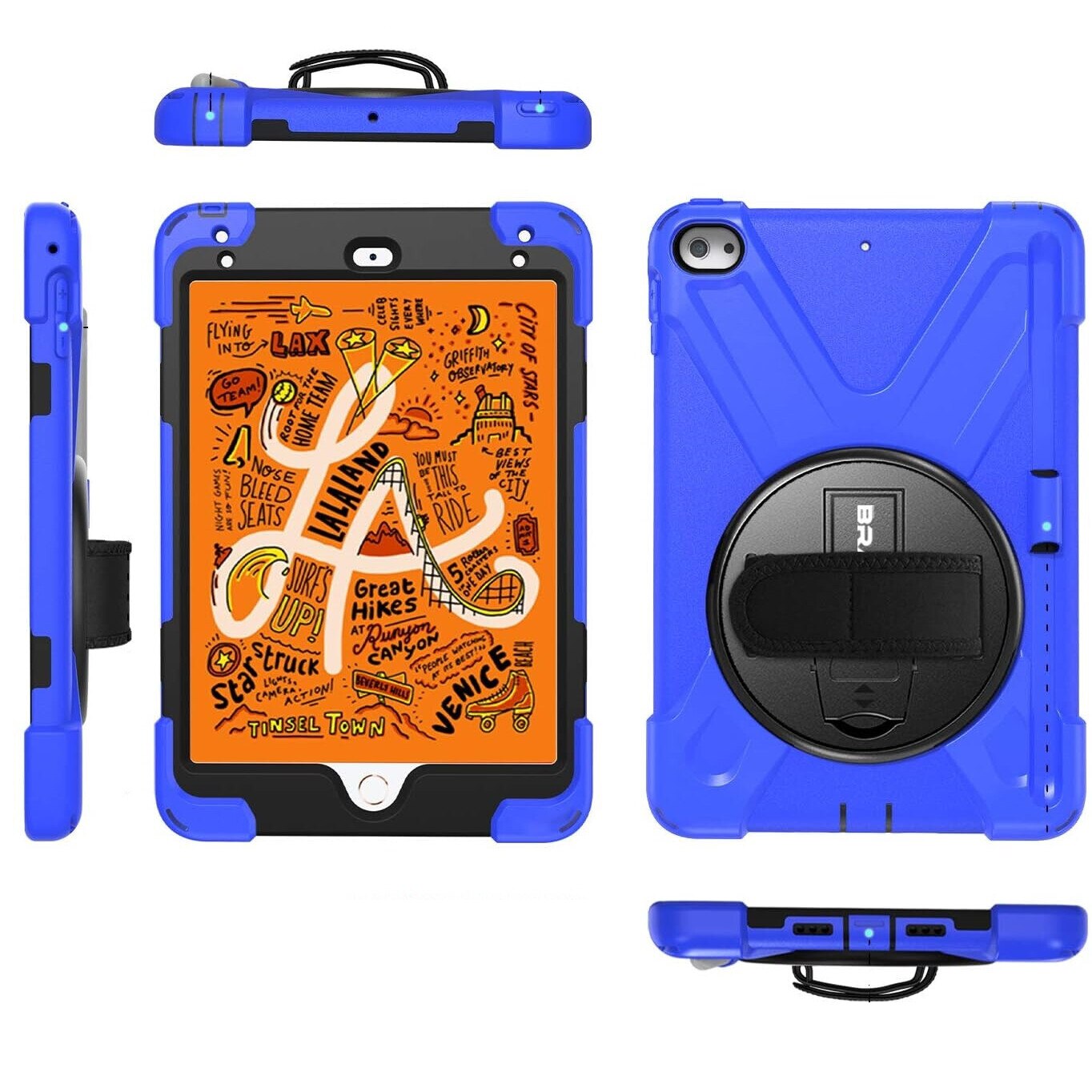 Husa pentru iPad Mini 4/5, 3 straturi, suport rotativ, albastru, cu curea ajustabila