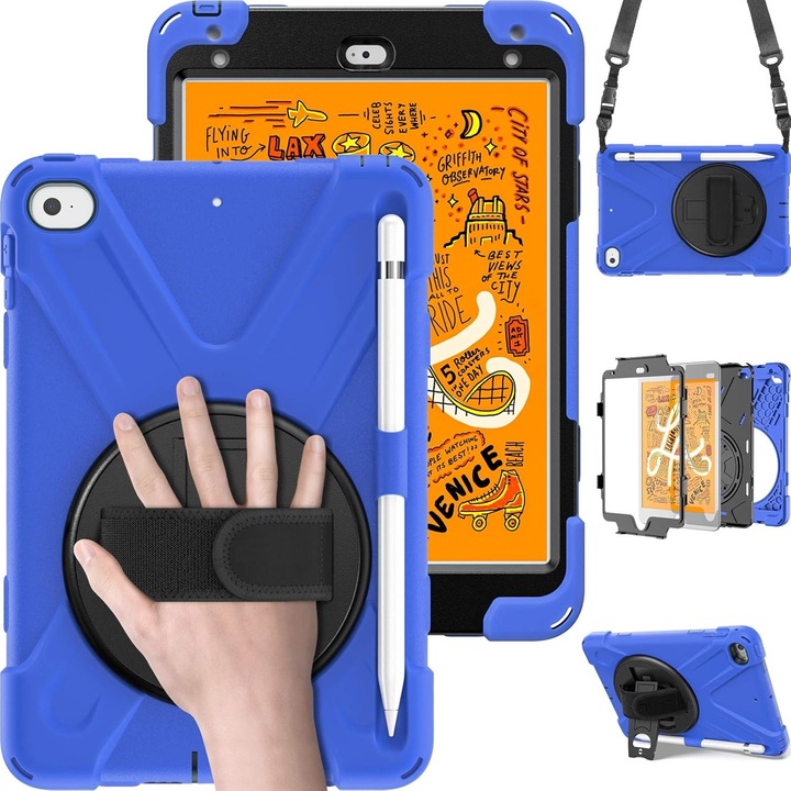 Husa pentru iPad Mini 4/5, 3 straturi, suport rotativ, albastru, cu curea ajustabila