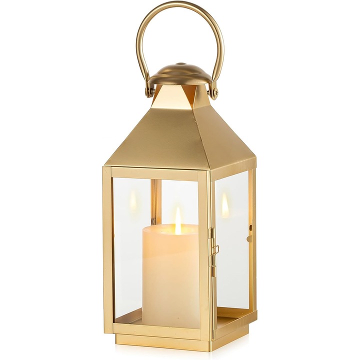 Златен фенер за свещи NUPTIO, метални колонни свещници, идеални за централни елементи - 28,5 см висящ фенер за външна декорация