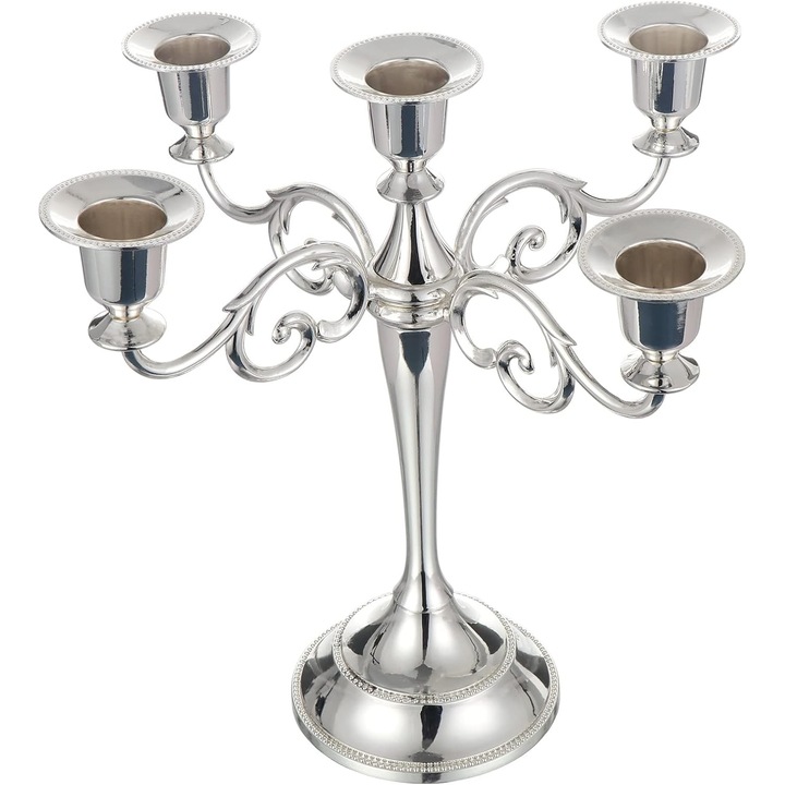 Suport lumanari, Coolty, 5 brate, metal, vintage, argintiu