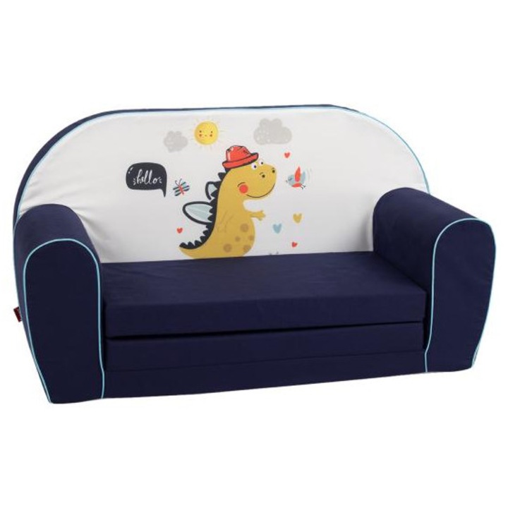 Canapea extensibila pentru copii, Knorr Toys, umplutura din spuma moale, husa bumbac 100% detasabila si lavabila, 77 x 34 x 42 cm, 9 Luni+, Lovely Dinos