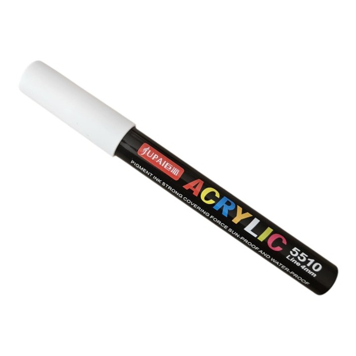 Marker cu vopsea Acrilica, Varf de 4 mm, pentru Sticla, Ceramica, Pietre, Lemn, Plastic, Hartie, Panza, WOW Shop, alb