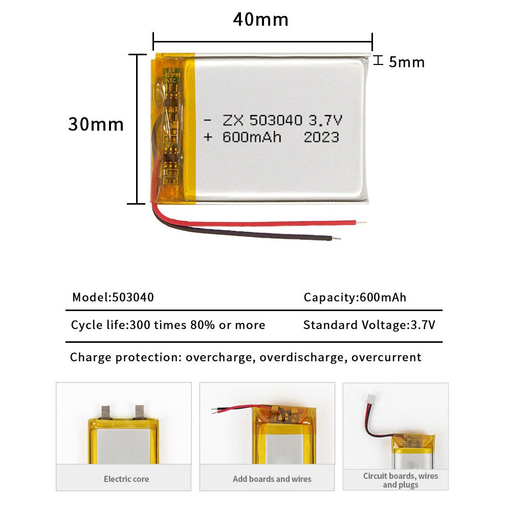 Acumulator Li-Polymer 3, 7 V, 600 mah, 40x30x5mm, 503040, Nafpro