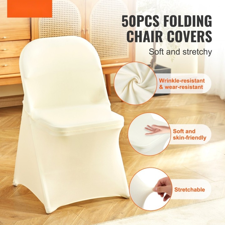 Huse scaune pliabile, Model Stretch Spandex Universal, Detasabile, Lavabile, Pentru Evenimente Speciale, Set 50 Bucati, Culoare Alb Fildes