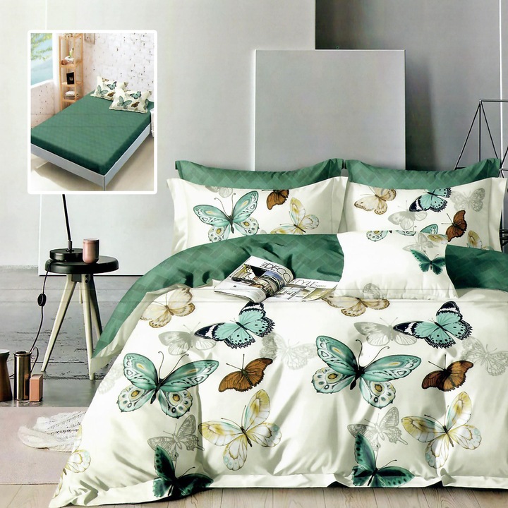 Спално бельо Finet Gros 6 части, NufJoy®, Чаршаф с ластик за матрак 160x200 см или 180x200 см, чаршаф за завивка 200x230 см, 2 калъфки 70x70 см, 2 калъфки 50x70 см Butterfly Vernil