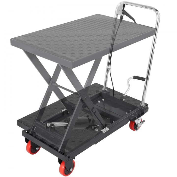 Carucior hidraulic de ridicare, capacitate 500 kg, inaltime ridicare 72.39 cm, functionare manuala, 4 roti, suport anti-alunecare, manevrare materiale, culoare negru