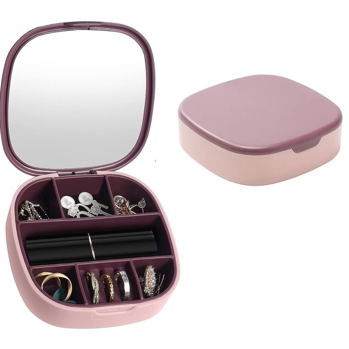 Cutie organizare bijuterii, Delpi, portabilă, oglindă, roz pudra, 10x10x3cm