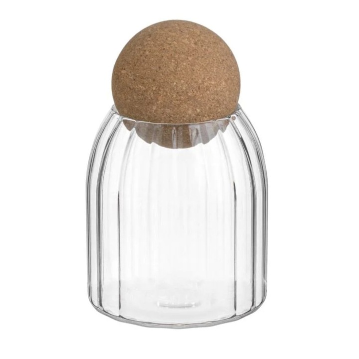 Borcan din sticla, cu model reliefat, transparent, capac din pluta, 490ml, 9x14.5cm