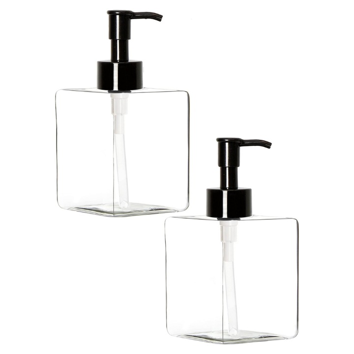 Set 2 x dozator sapun lichid, Design Simplu si Elegant, Platic, 300 ml, Transparent/Negru