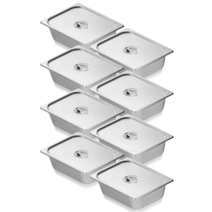 Set de 8 tigai pentru hotel, Dimensiuni 1/2, Tigai de masa cu abur, Realizate din otel inoxidabil, Capac adanc de 10, 16 cm