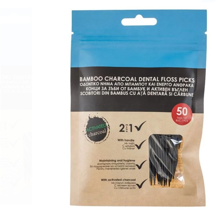Scobitori 2 in1 cu Ata Dentara din Bambus cu Carbune Activ - 50buc