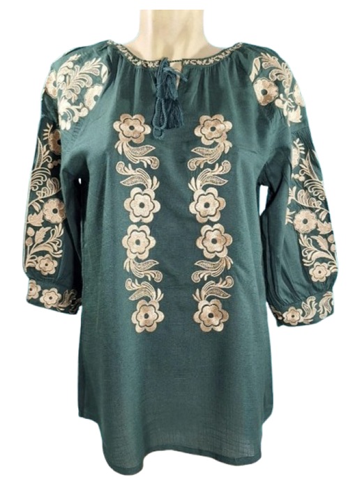 Ie Dama, Maneca 3/4, Bumbac, Model Traditional, Broderie Bej, Verde/Bej