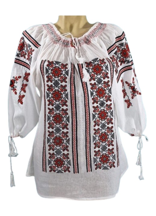 Ie Dama, Maneca 3/4, Bumbac, Model Traditional, Broderie Rosu-Negru