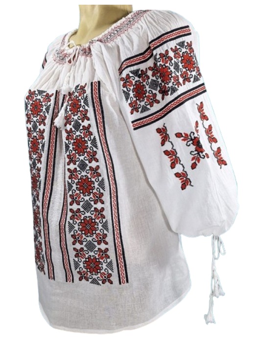 Ie Dama, Maneca 3/4, Bumbac, Model Traditional, Broderie Rosu-Negru, Marime XL