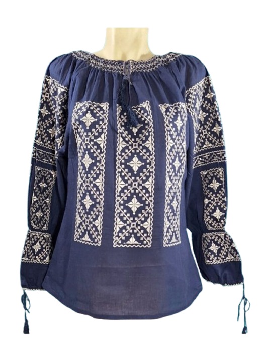 Ie Dama, Maneca Lunga, Bumbac, Model Traditional, Broderie Bej, Bej/Bleumarin