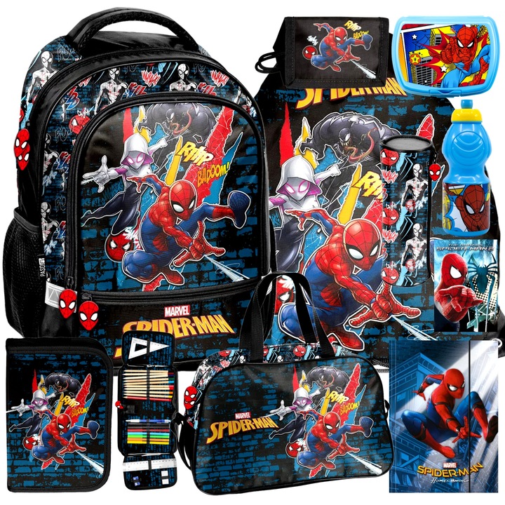 Pókember szett Iskolai gyermek hátizsák, tolltartó, tornazsák, uzsonnás doboz, kulacs, sporttáska, pénztárca, hengeres tolltartó, mappa, füzet SPIDERMAN VENOM