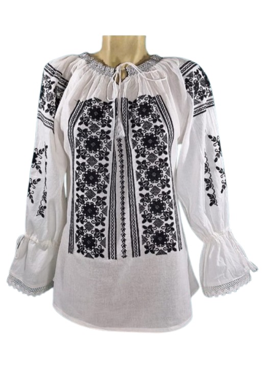 Ie Dama, Bumbac, Broderie Negru, Maneca Lunga, Alb/Negru
