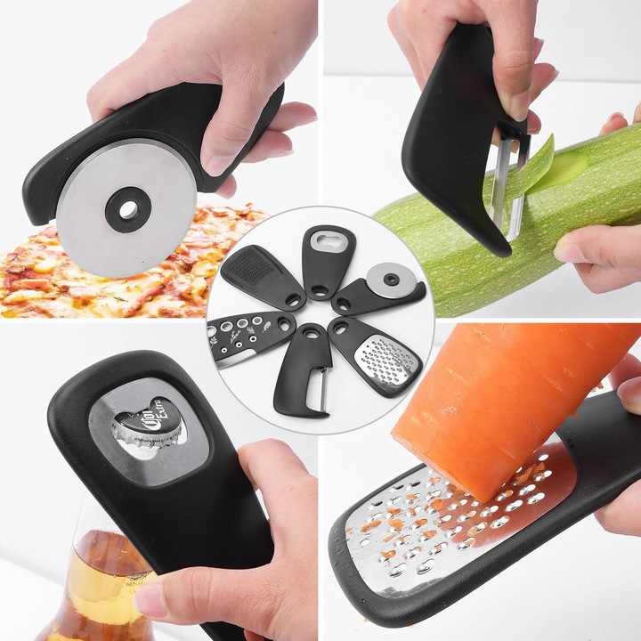 Комплект от 6 кухненски инструмента, ренде, резачка за билки, отварачка за бутилки, ренде за сирене, резачка за пица, многоцветни