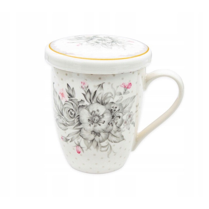 Set cana cu infuzor si capac, Bella Fiore, 340 ml, portelan NBC, alb, 8,3x11cm