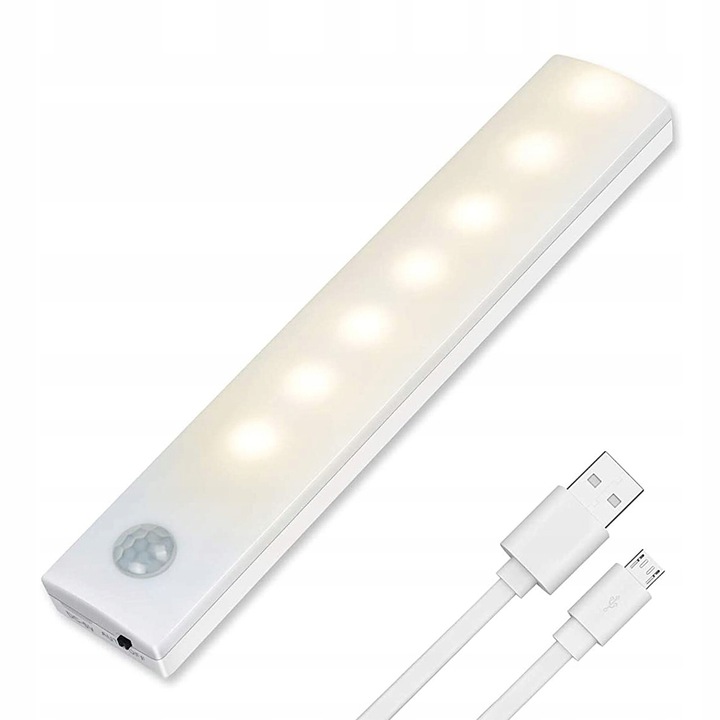 Lampa LED cu senzor de miscare, Vicloon, alb, 15x2,8x1,2cm, incarcare USB, set cu banda magnetica