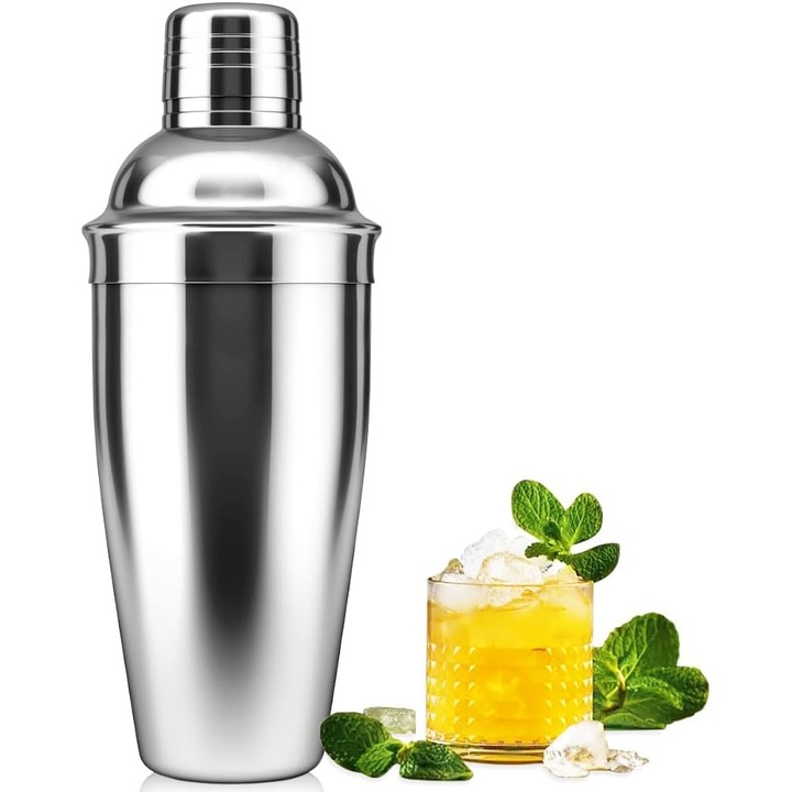 Shaker profesional pentru cocktailuri, 600 ml, din otel inoxidabil, cu filtru integrat, design elegant si capac etans