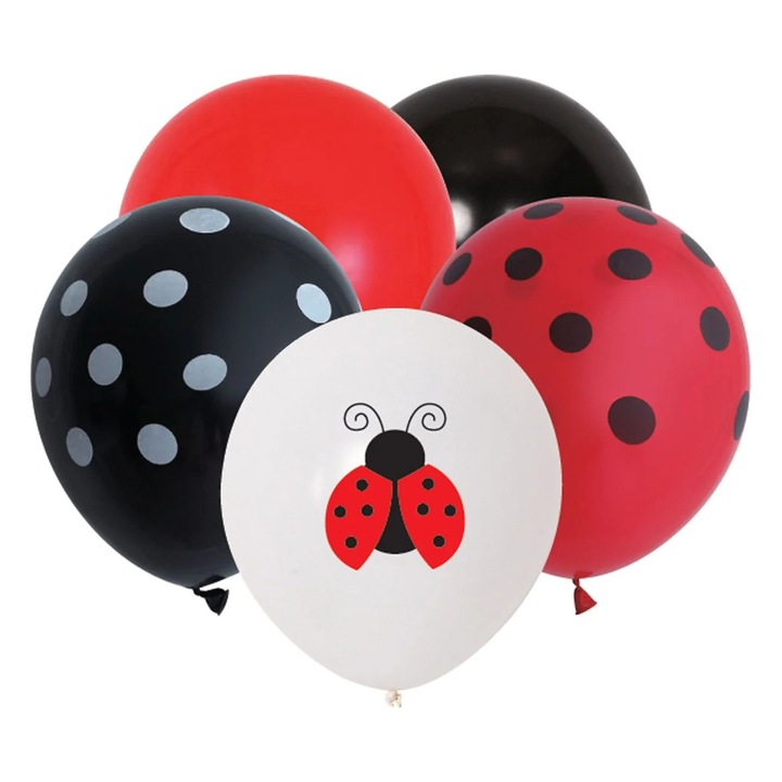 Piros fekete parti lufi pöttyös húsvéti katica mintás 30cm - 10db