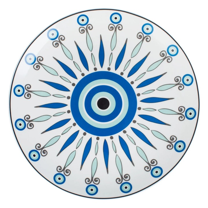 Fehér porcelán lapostányér, törzsi szem motívummal, Ø27cm