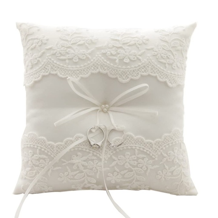 Perna inel nunta, satin, perle artificiale, bej, 20x20cm