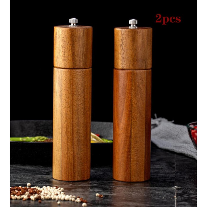 Set rasnite condimente din lemn de acacia, Enforose, mecanism de macinare ceramic ajustabil, rezistente la apa, 20cm