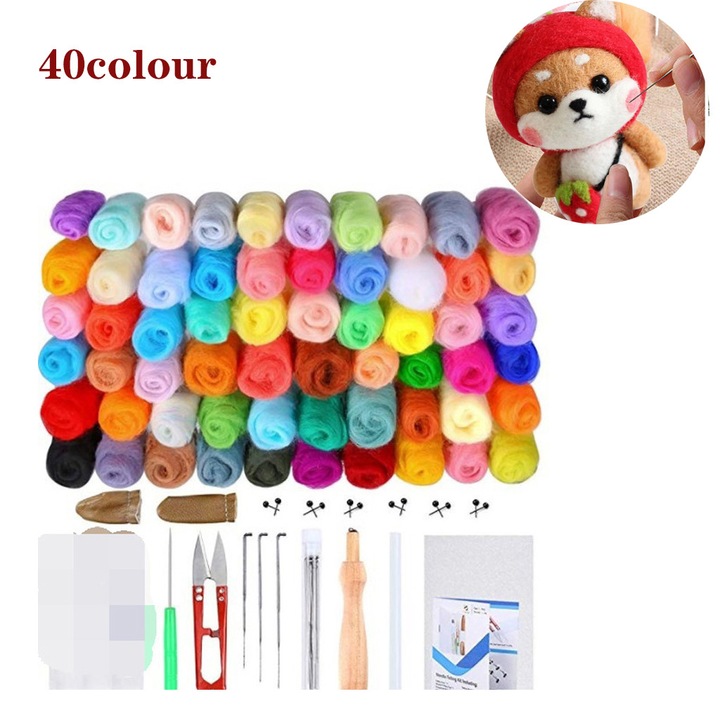 Set kit de incepatori pentru fetare, Enforose, 40 culori lana, unelte complete, design portabil, 173x98x23mm