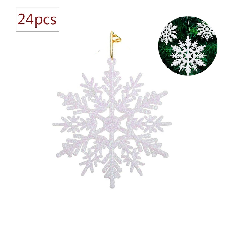 Set 24 ornamente fulgi de zapada albi cu sclipici, dimensiuni asortate, material plastic rezistent la spargere