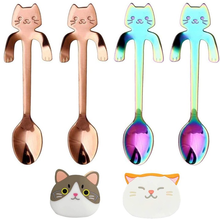 Комплект от 4 мини лъжички от неръждаема стомана с котешки дизайн, идеални за кафе, чай и десерти