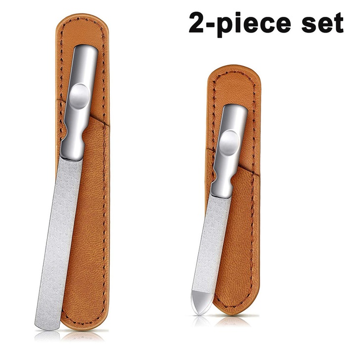 Set unelte manichiura, Enforose, pila unghii din otel inoxidabil, design portabil, maner antiderapant, cu husa din piele