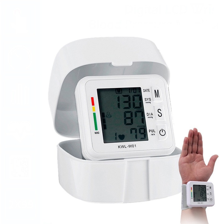 Tensiometru portabil Enforose, monitor de tensiune pe incheietura, design prietenos pentru calatorii, manseta ajustabila 22x32cm