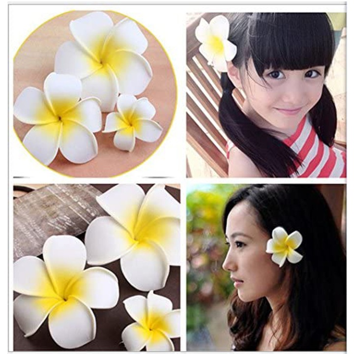 Agrafe de par set, Enforose, flori de Plumeria artificiale, alb, 7cm