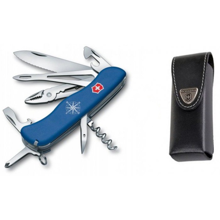 Briceag multifunctional Victorinox Skipper 111mm, lama mare cu blocare, carcasa albastra, set cu etui