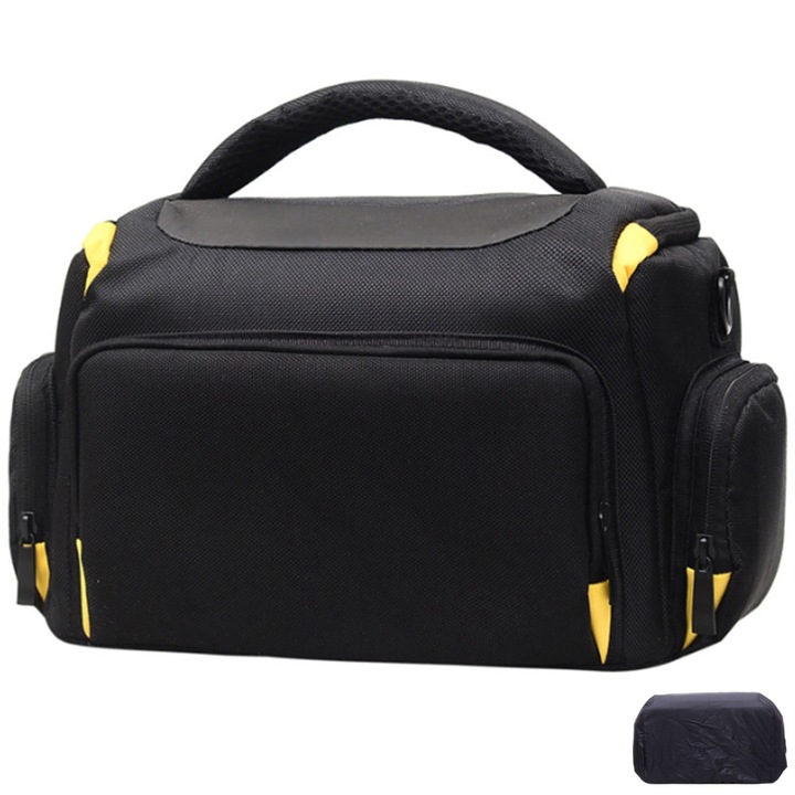 Vízálló válltáska DSLR fényképezőgéphez, SINBINTA, Fotótáska vízálló borítással, levehető elválasztókkal, víz- és kopásálló, állítható vállpánt, könnyen hordozható, nejlon, 32x17x20cm, fekete/sárga