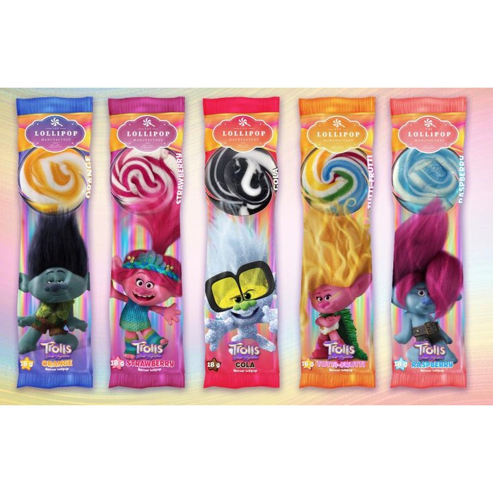 Acadele Colorate 18g, Bomboana pe Bat cu Gust Dulce Intens, Textura Crocanta, Coloranti Naturali si Ambalaj Tub Protector, 5 buc
