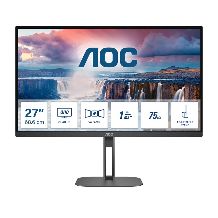Монитор AOC Q27V5N/BK, 27'', WLED VA Panel, 2560x1440, 75Hz, 16:9, 4ms, 4000:1, 20M:1, 300 cd/m2, AntiGlare, 3H, 3-sided frameless, FreeSync, Flicker-free, Low blue light, 2x HDMI, 2x DisplayPort, Speakers, HAS, Swivel, Tilt, Pivot, VESA 100, Bl Q27V5N/BK